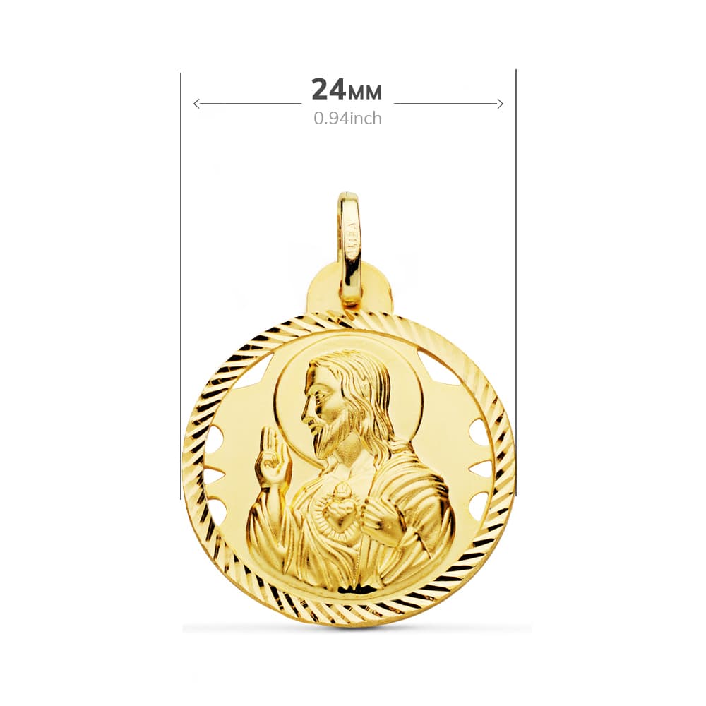 18K ESCAPULARIO ORO AMARILLO HELICE CALADO VIRGEN CARMEN Y CORAZON DE JESUS 24 MM
