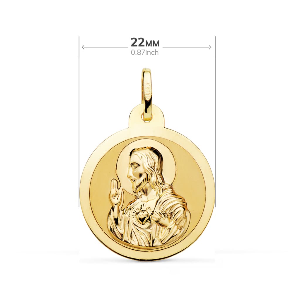 9K ESCAPULARIO ORO AMARILLO BRILLO VIRGEN DEL CARMEN Y CORAZON DE JESUS 22 MM