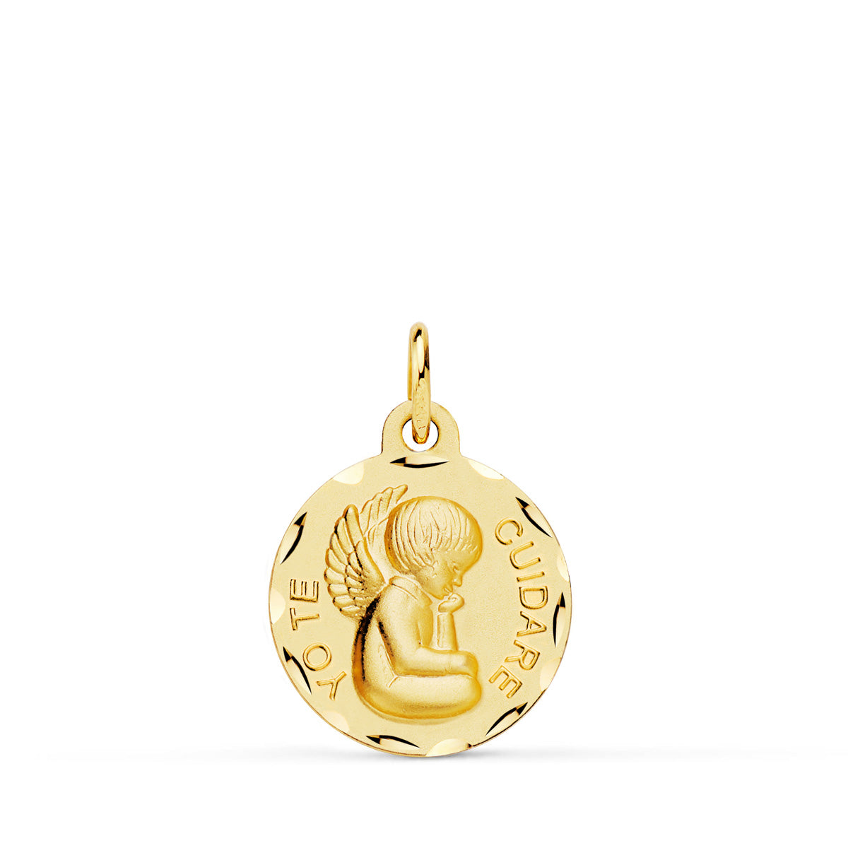 18K MEDALLA ORO AMARILLO ANGELITO "YO TE CUIDARE" TALLADA. MEDIDA: 16 MM