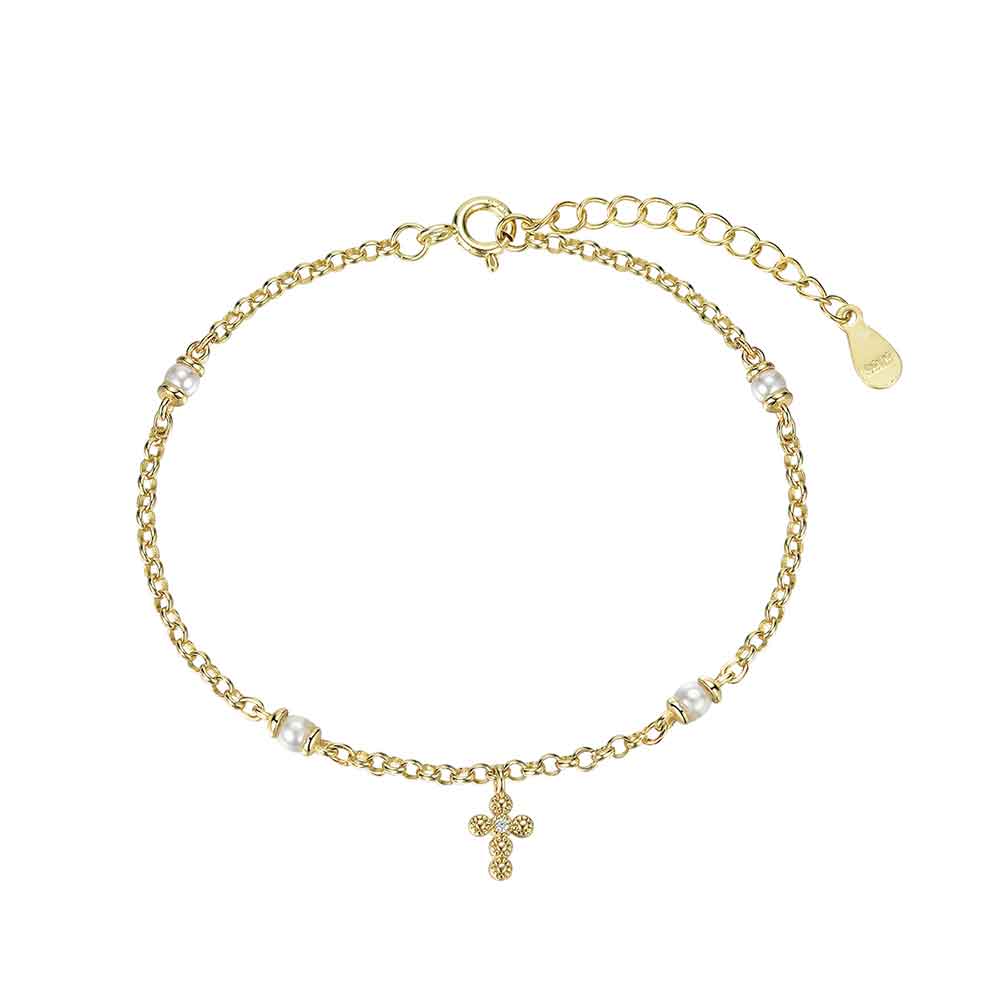 Pulsera de plata chapada con perlas y cruz