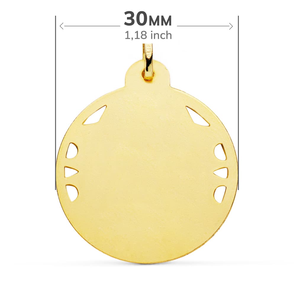 18K MEDALLA ORO AMARILLO CRISTO SAGRADO CORAZON DE JESUS CALADO CERCO HELICE TALLADO 30 MM