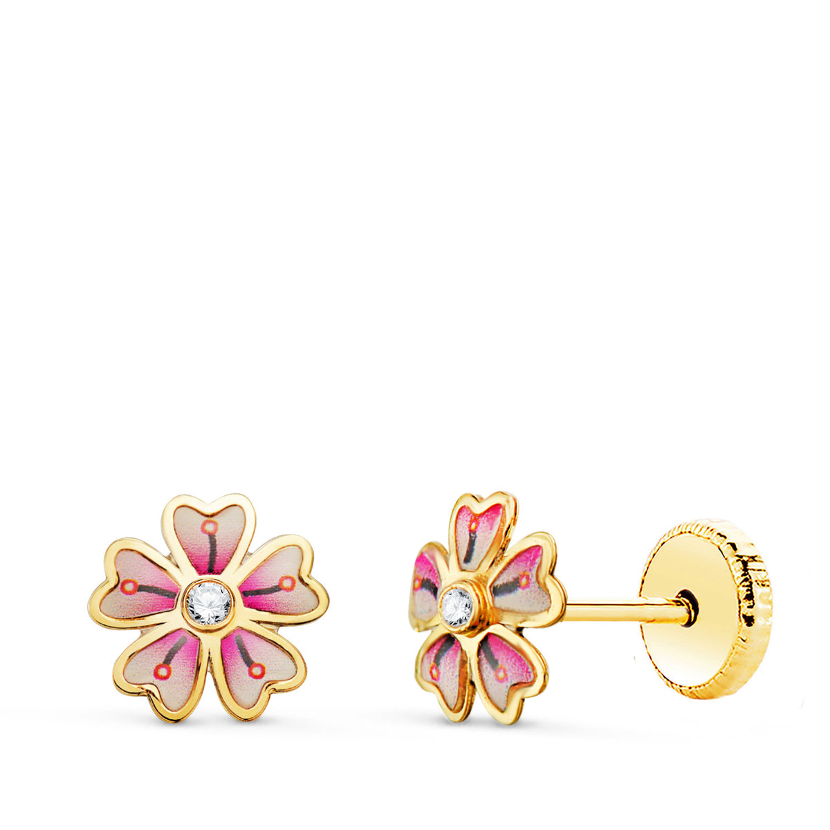Pendientes Flor Rosa con Circonita. Medida: 6 x 6 mm. Cierre Tuerca de oro amarillo 18K