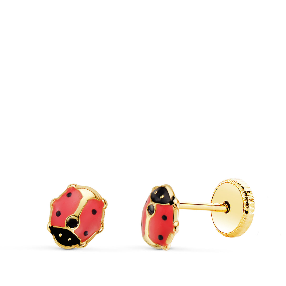 Pendientes Mariquita Esmalte Rosa 5 x 4,5 mm. Cierre Tuerca de oro amarillo 18K