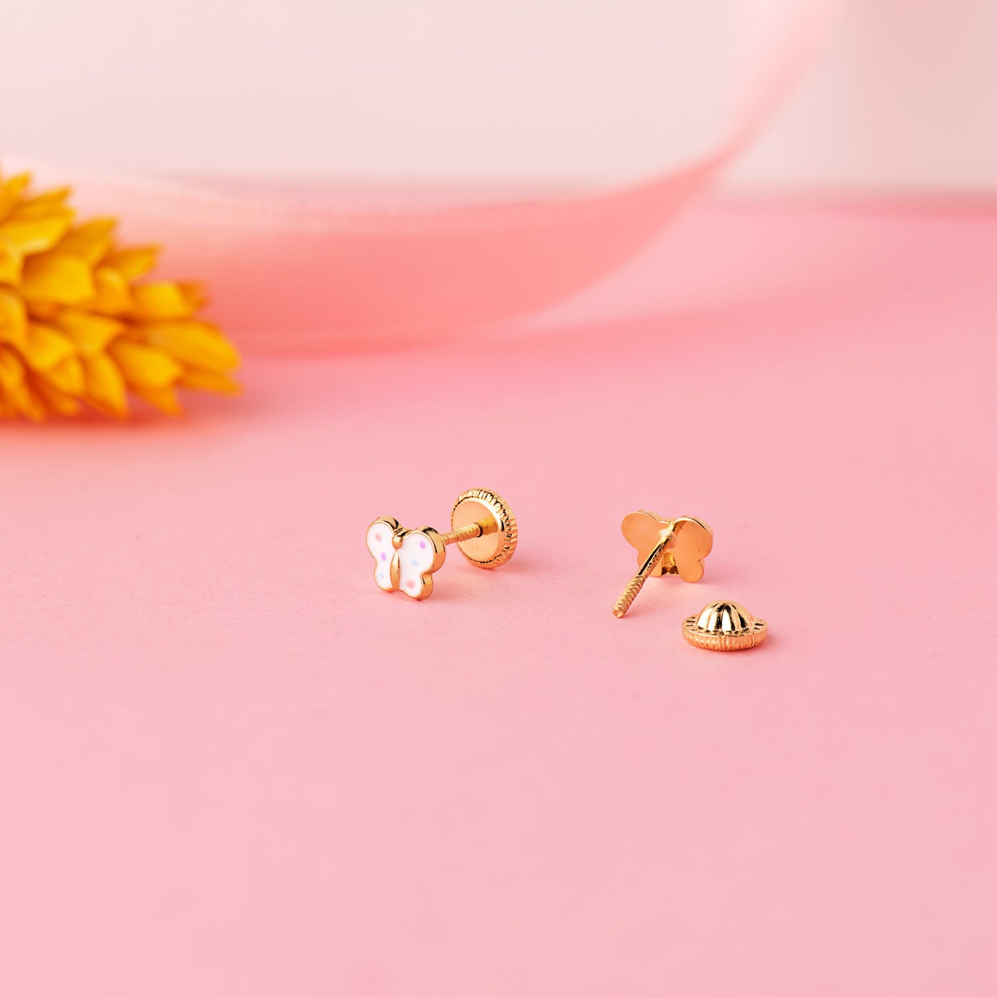 18K PENDIENTES ORO AMARILLO MARIPOSA ESMALTE 6 X 4,5 MM CIERRE TUERCA