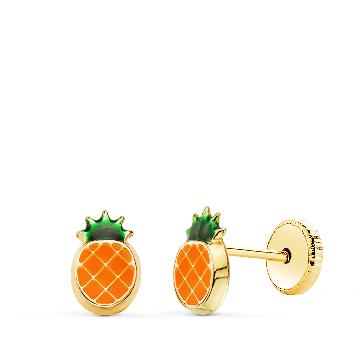 Pendientes Piña Esmalte Naranja 6,5 x 4 mm. Cierre Tuerca de oro amarillo 18K