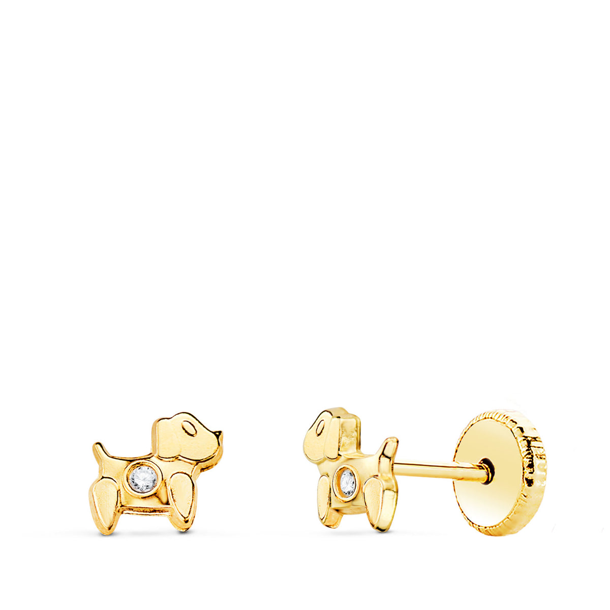 Pendientes Perros con Circonita 5 x 4,5 mm. Cierre Tuerca de oro amarillo 18K