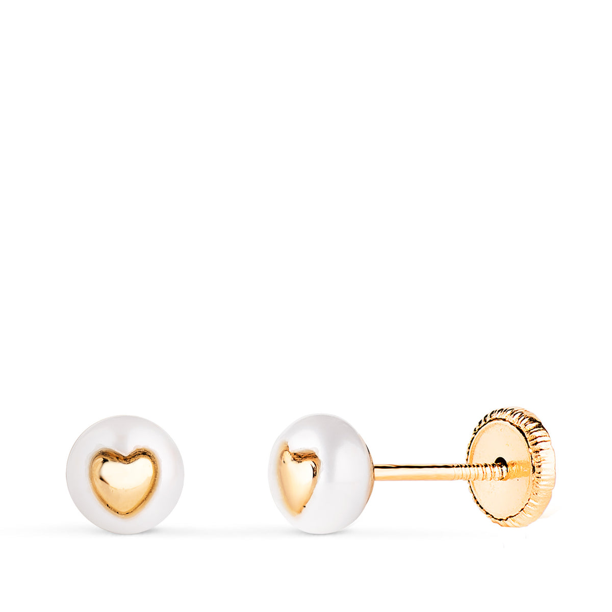 Pendientes Perla con Interior de Corazon. Medida: 5 mm. Cierre Tuerca de oro amarillo 18K