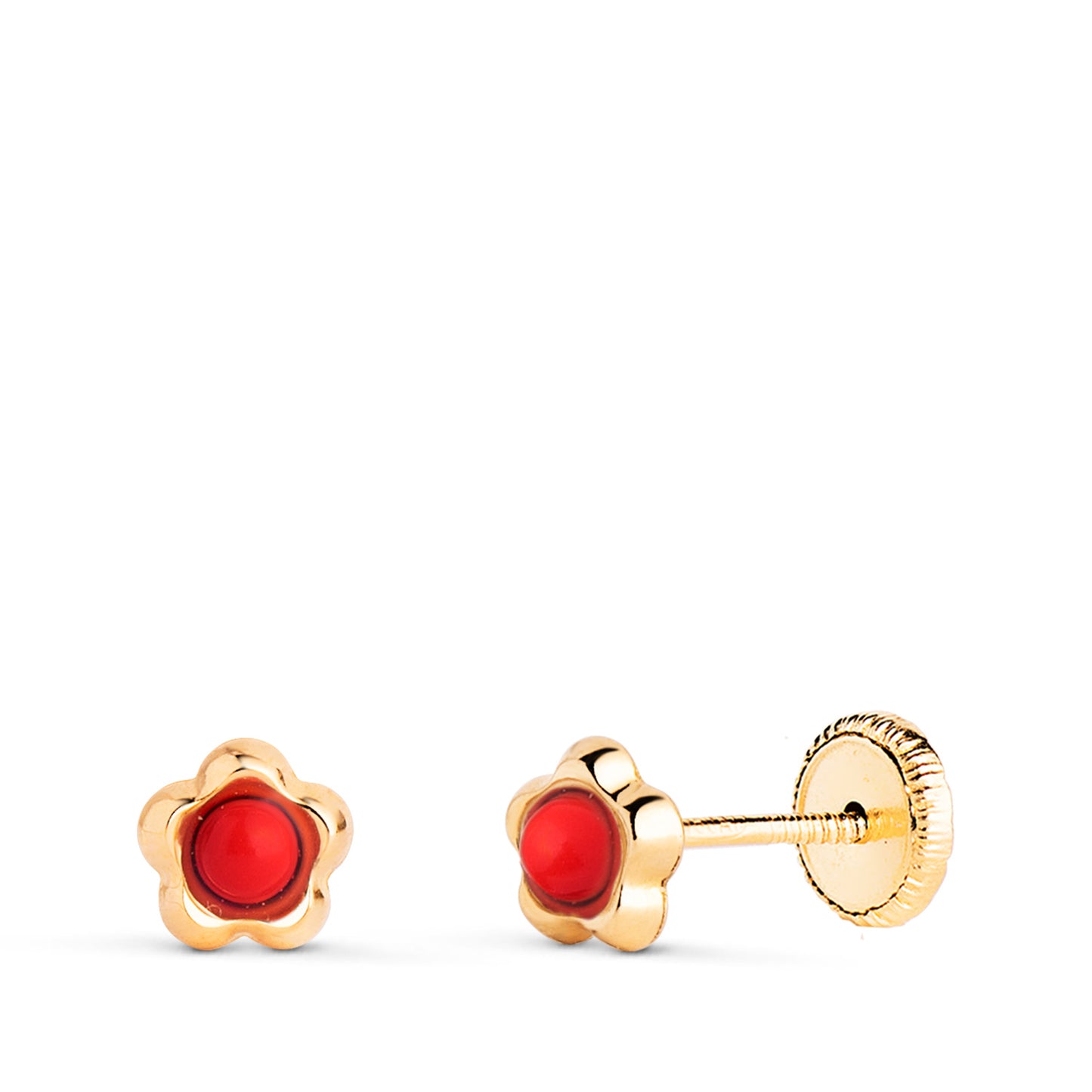 Pendientes Flor con Coral de 2,4 mm. Medida: 5,3 x 5 mm. Cierre Tuerca de oro amarillo 9K