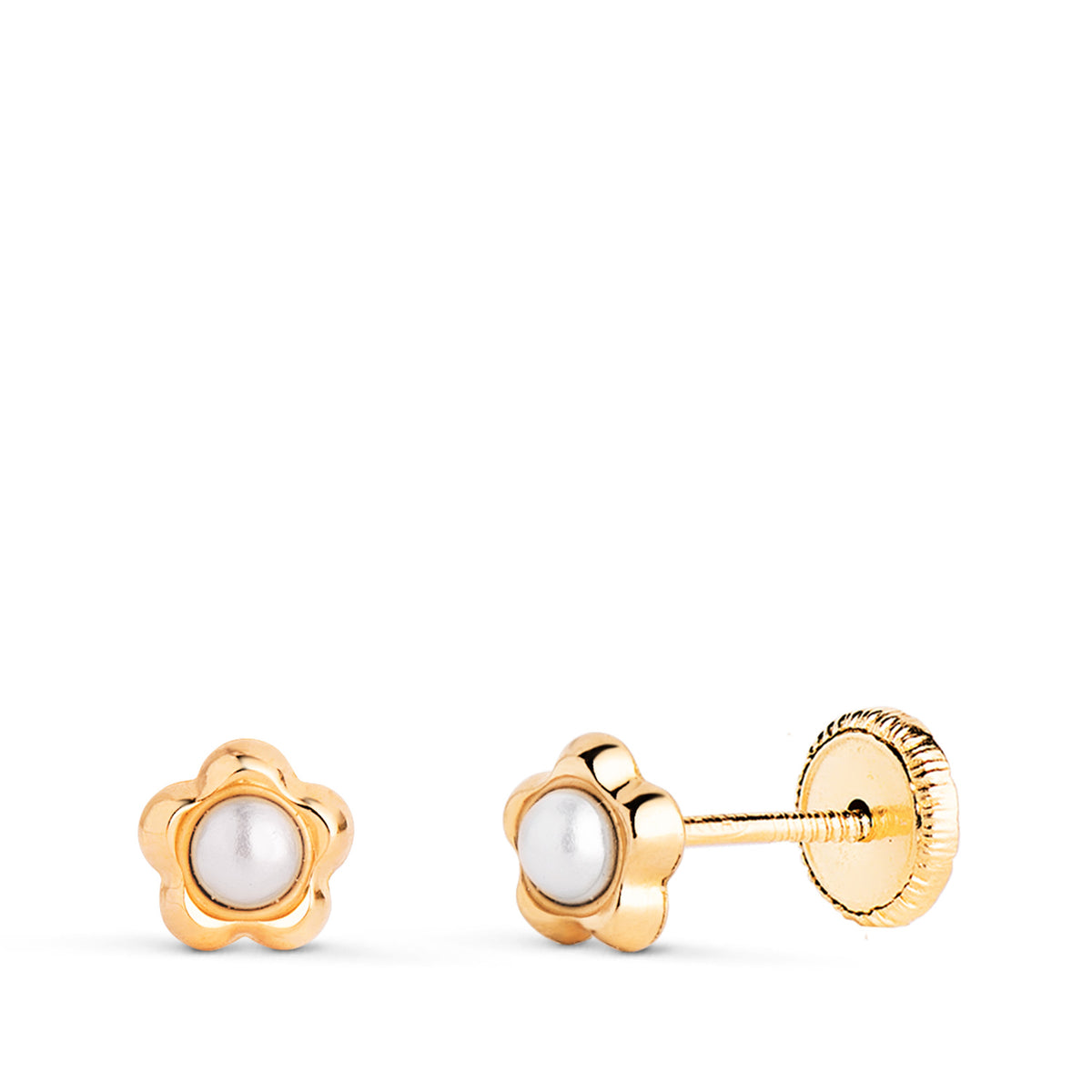 Pendientes Flor con Perlas de 2,4 mm. Medida: 5,3 x 5 mm. Cierre Tuerca de oro amarillo 18K