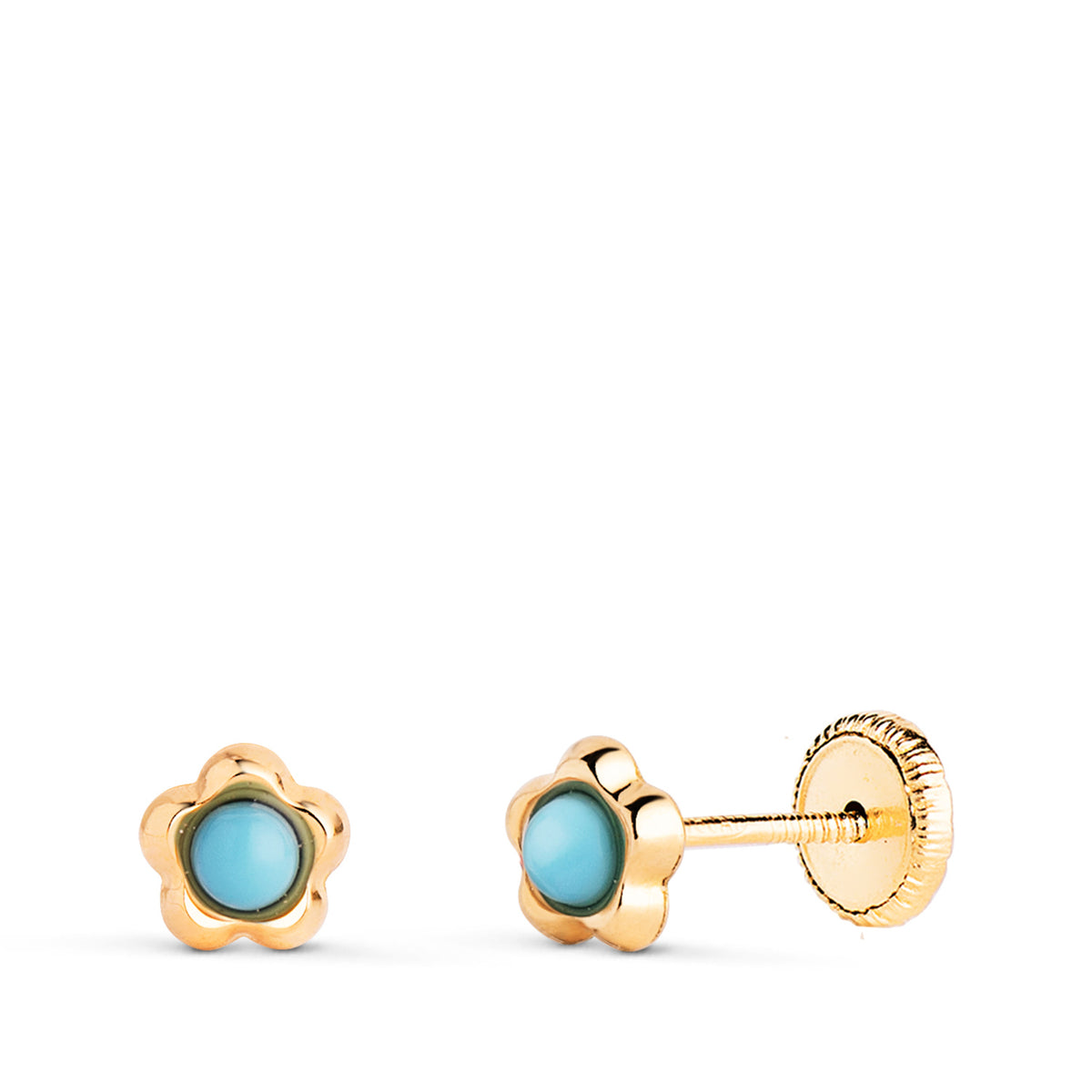 Pendientes Flor con Turquesas de 2,4 mm. Medida: 5,3 x 5 mm. Cierre Tuerca de oro amarillo 9K