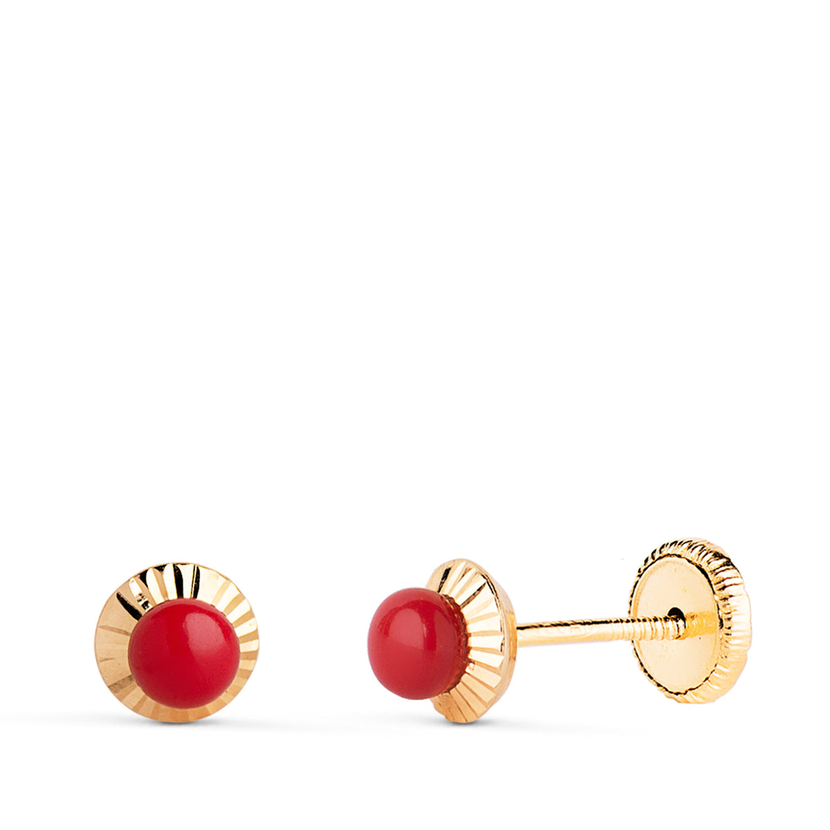 Pendientes Coralina Orla Tallada 5 mm. Cierre Tuerca de oro amarillo 18K