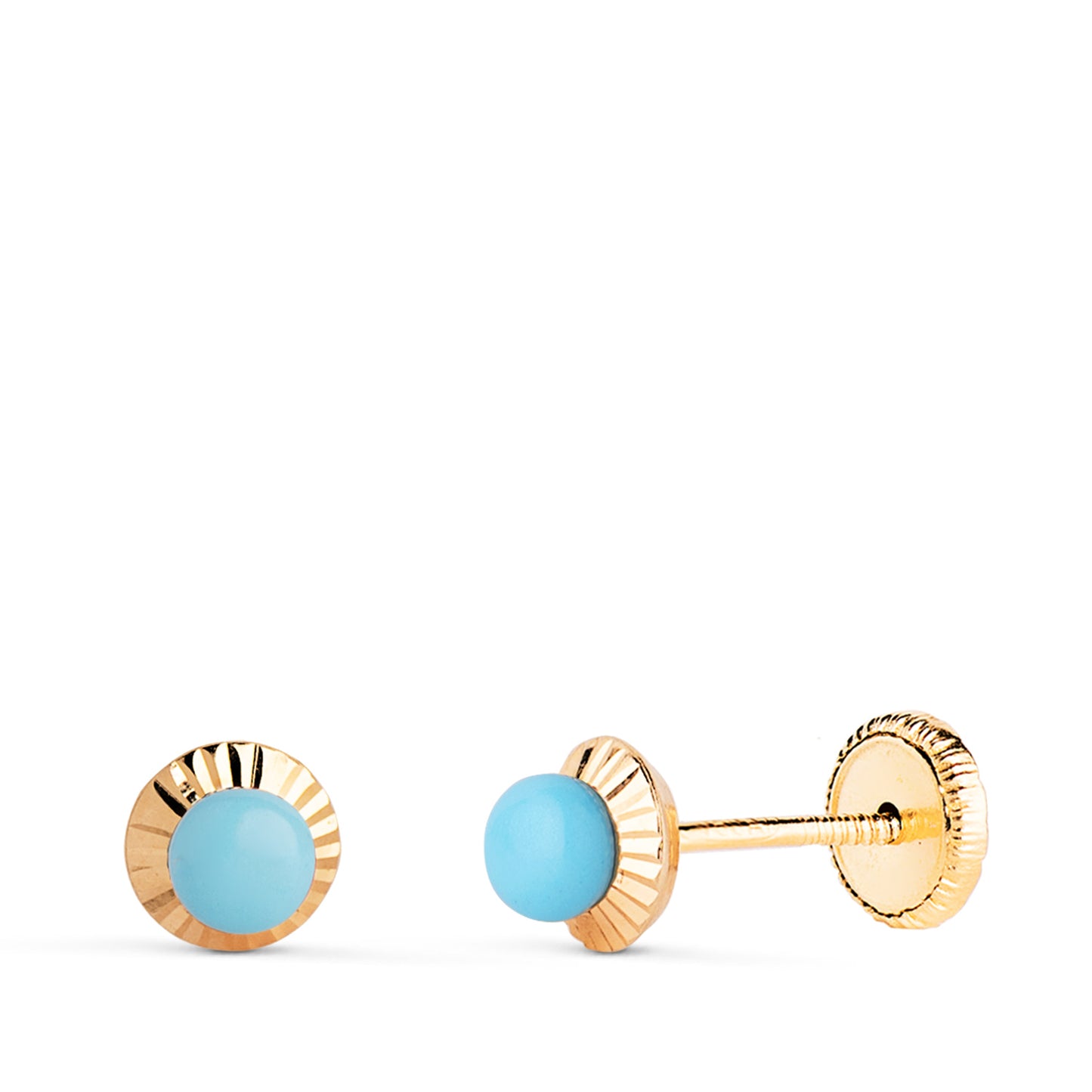 18K PENDIENTES ORO AMARILLO TURQUESA ORLA TALLADA 5 MM CIERRE TUERCA