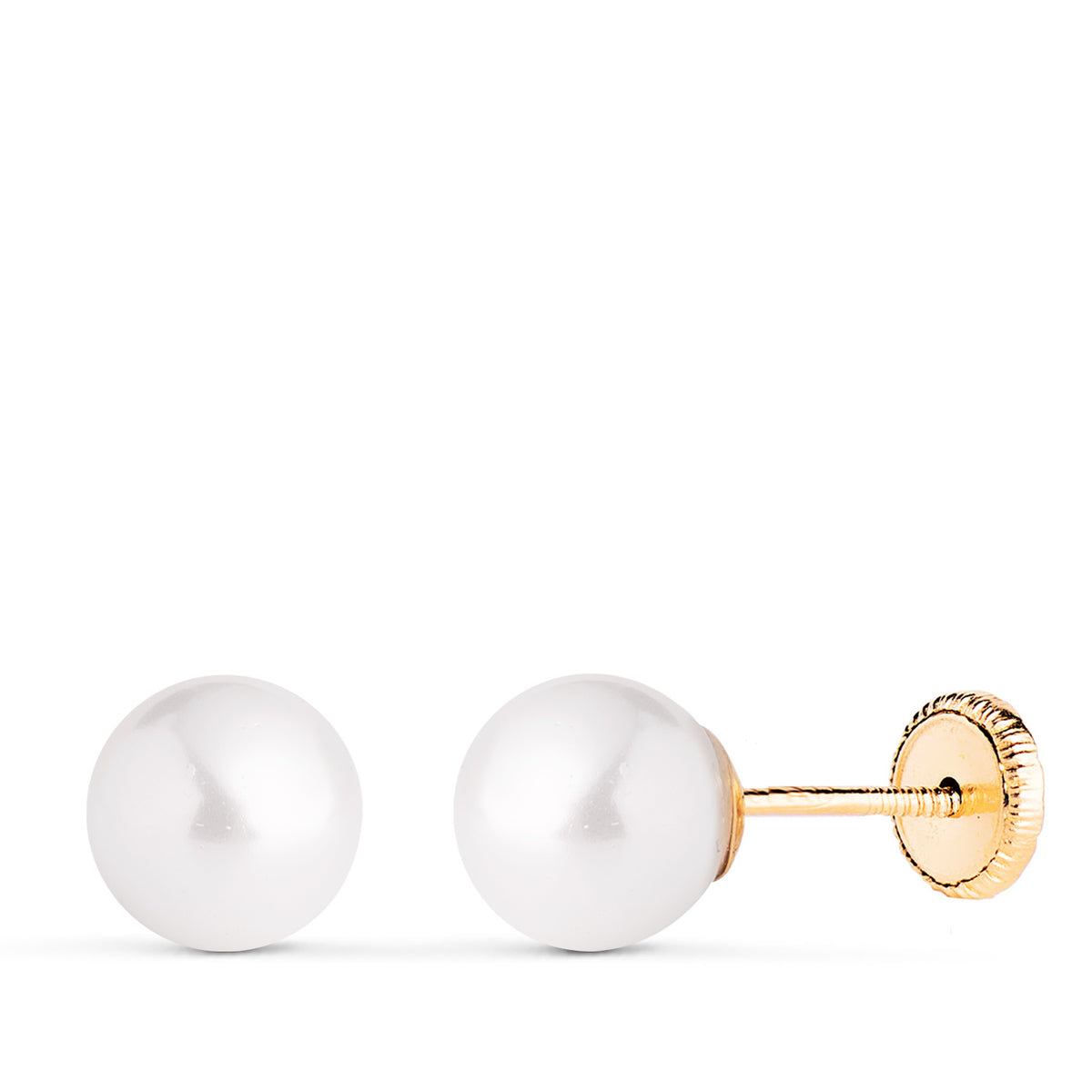 Pendientes Perla con Casquilla. Medida: 7 mm. Cierre Tuerca de oro amarillo 18K