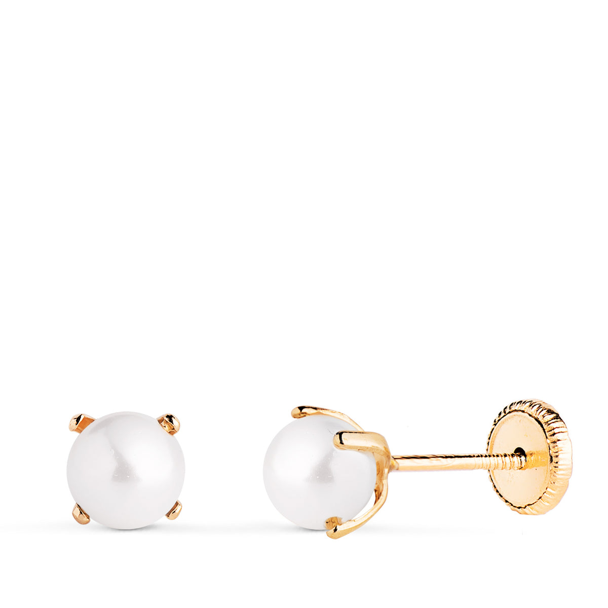 Pendientes Perla con 4 Garras. Medida: 5 mm. Cierre Tuerca de oro amarillo 18K