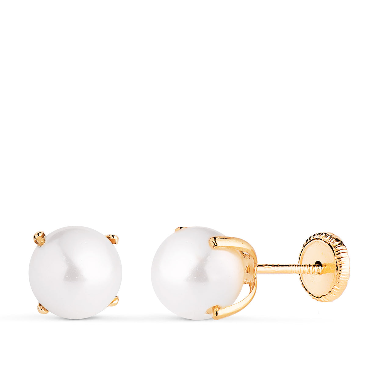 Pendientes Perla con 4 Garras. Medida: 7 mm. Cierre Tuerca de oro amarillo 18K