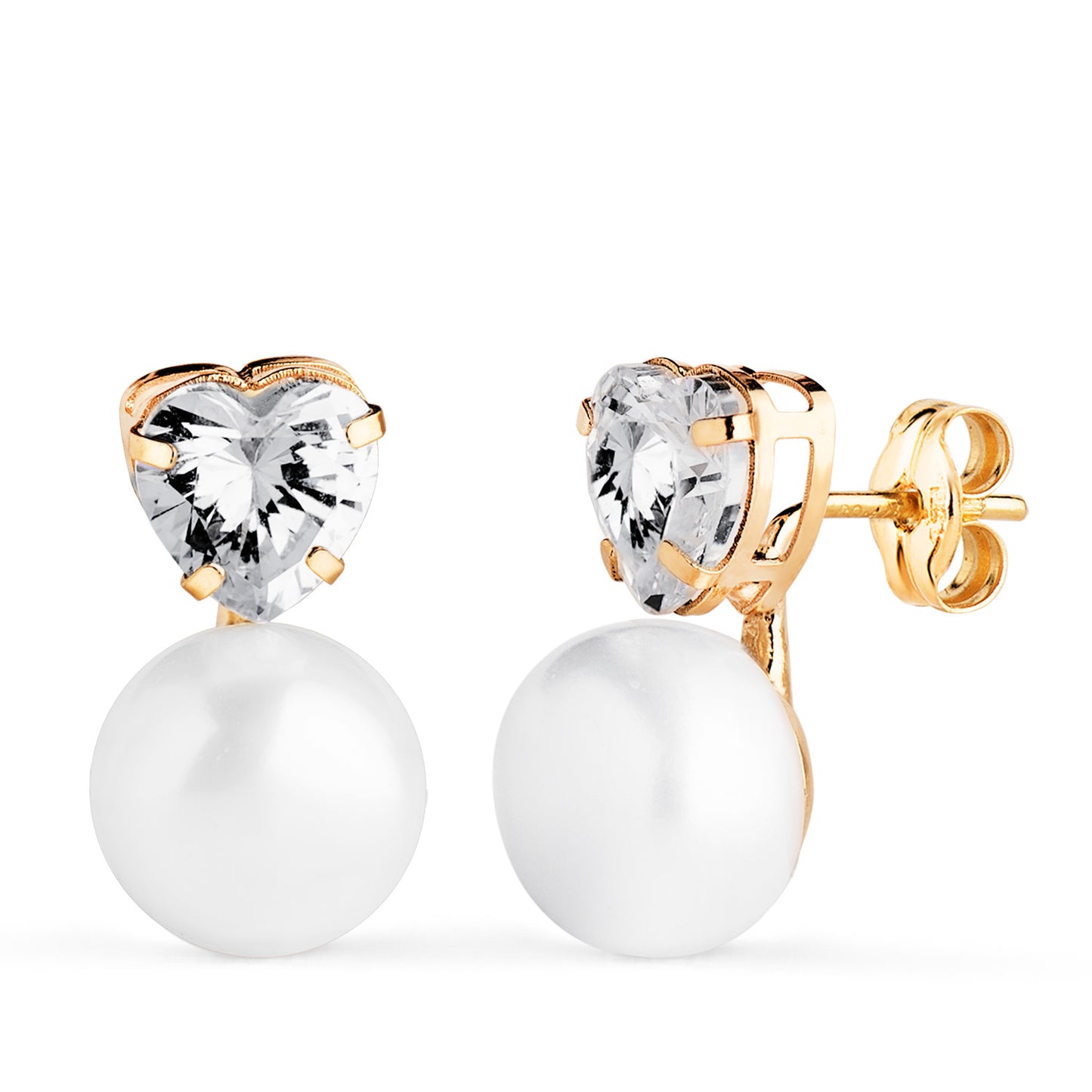 18K PENDIENTES ORO AMARILLO TU Y YO PERLA CON CIRCONITA CORAZON. MEDIDA: 14,5 X 8 MM. CIERRE PRESION