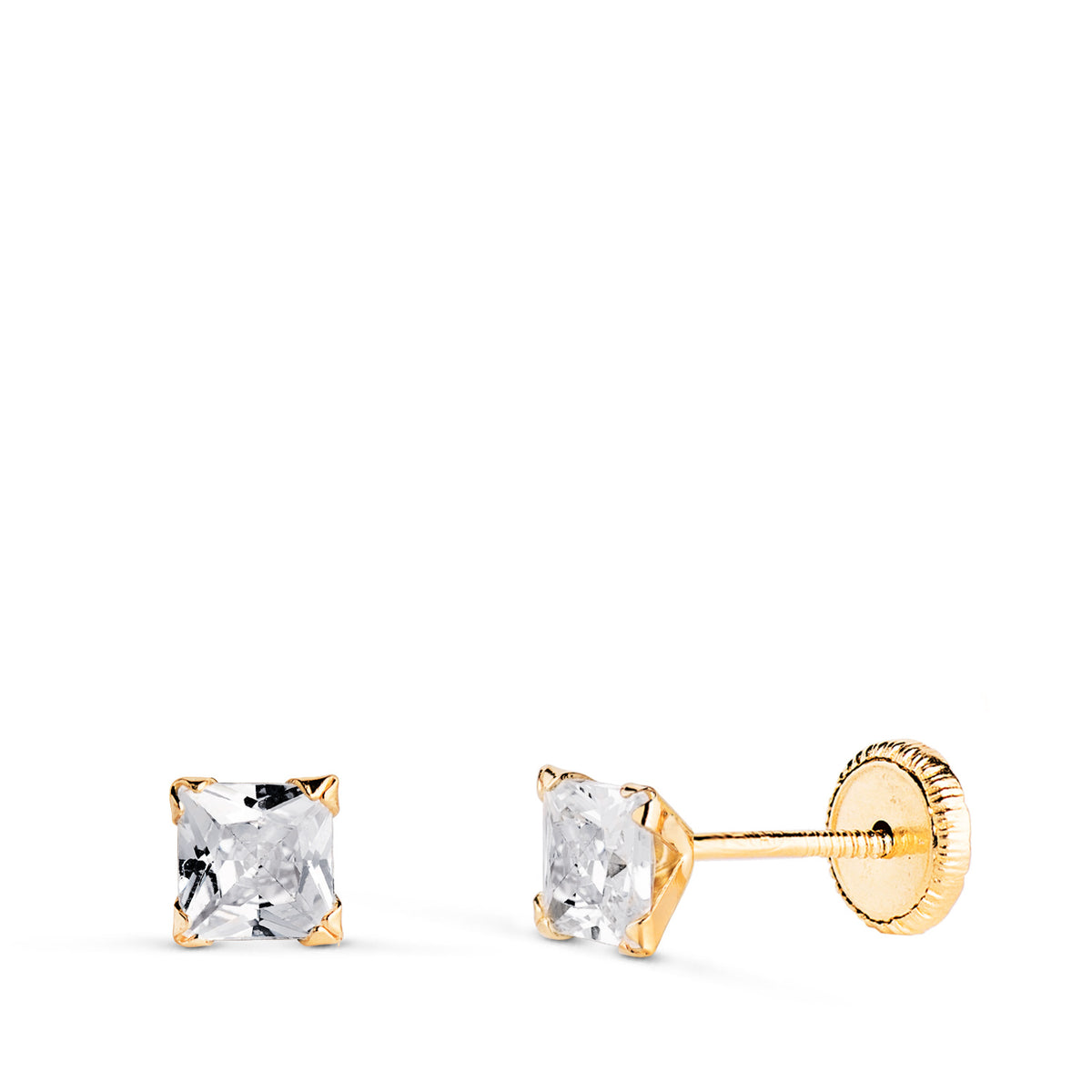 Pendientes Circonita Cuadrada con 4 Garras. Ancho: 3,5 mm. Cierre Tuerca de oro amarillo 18K