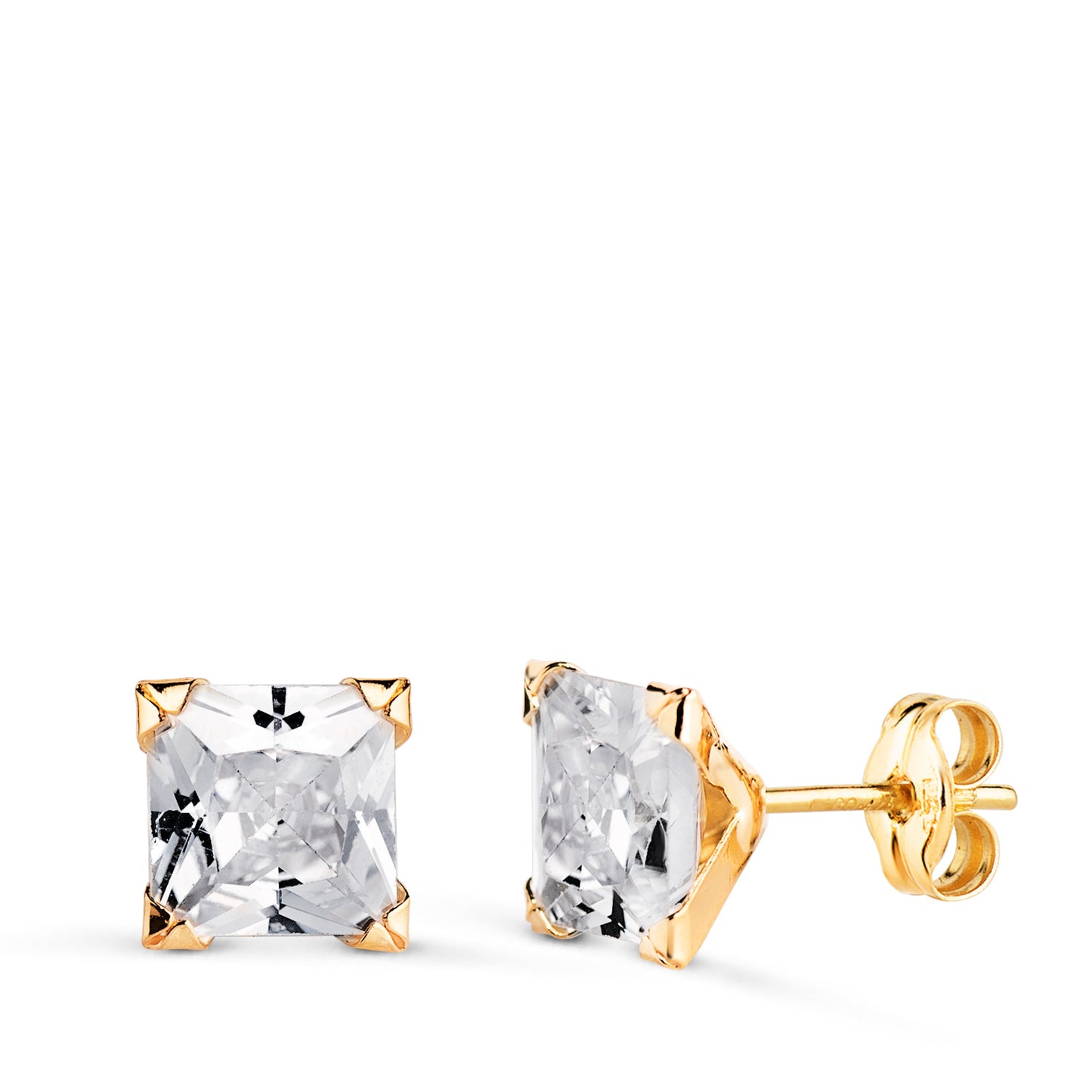 9K PENDIENTES ORO AMARILLO CIRCONITA CUADRADA CON 4 GARRAS. ANCHO: 8 X 8MM. CIERRE PRESION
