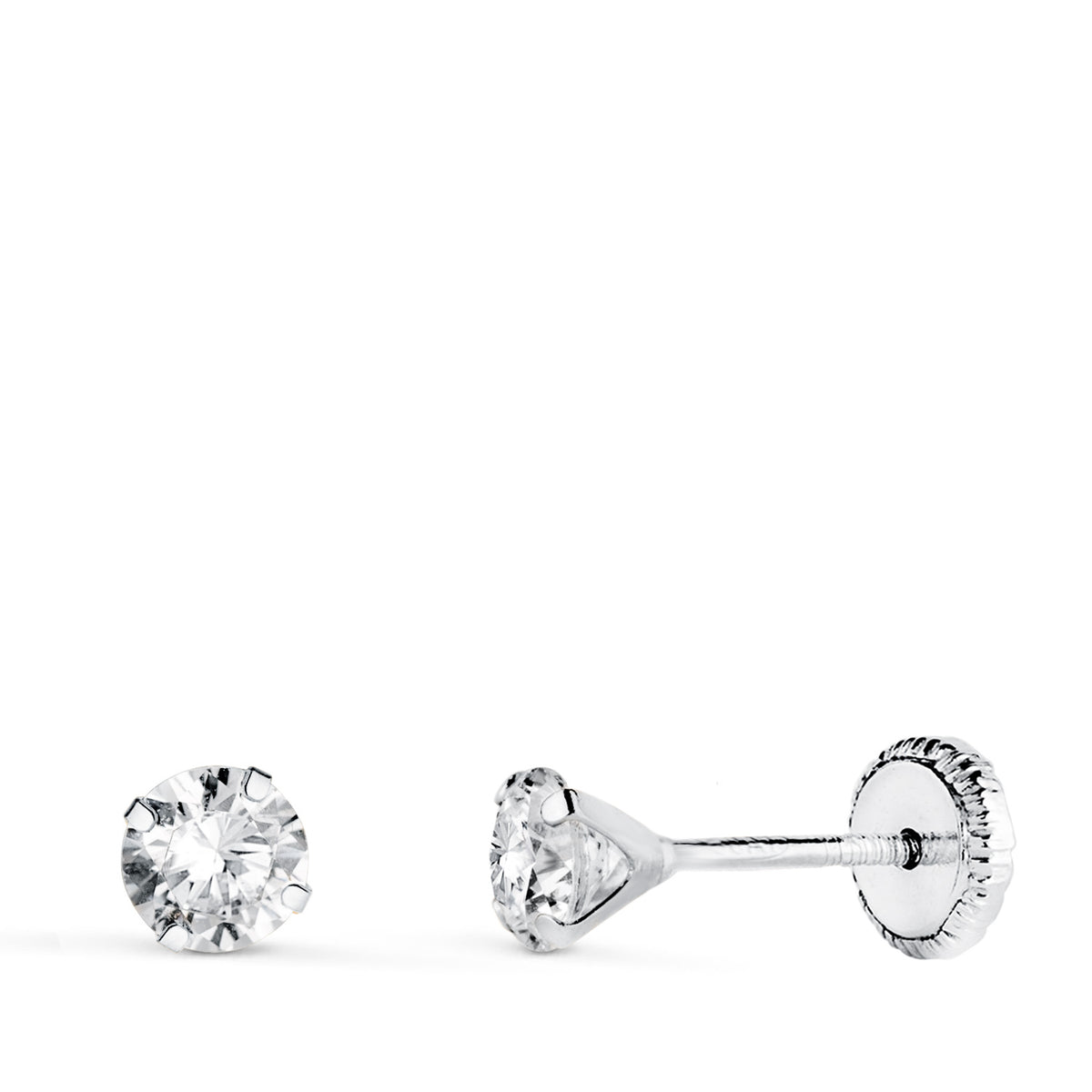 Pendientes 4 Garras con Circonita. Ancho: 4 mm Cierre Tuerca de oro blanco 18K