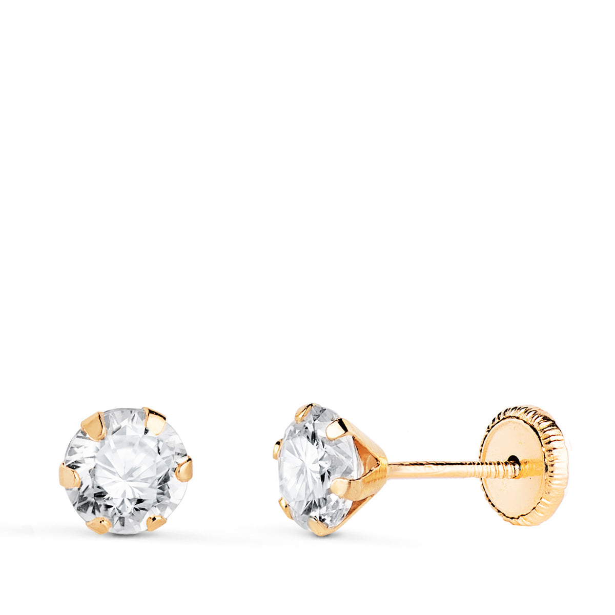 Pendientes 6 Garras con Circonita. Ancho: 5 mm Cierre Tuerca de oro amarillo 18K