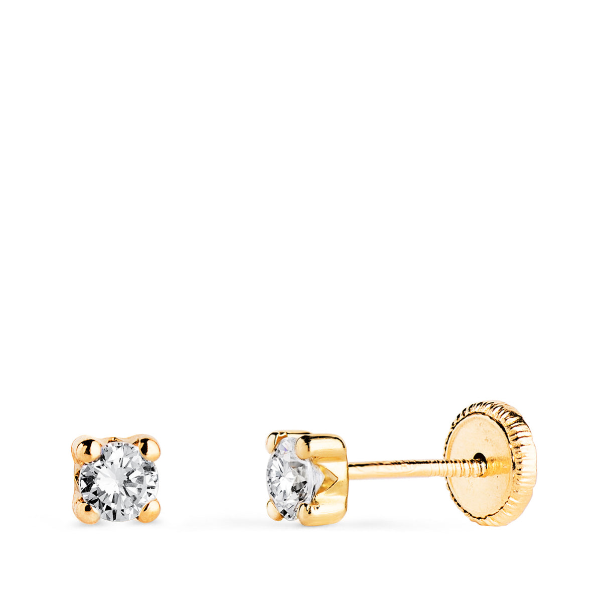 Pendientes Circonita 3 mm con 4 Garras. Ancho: 3,5 mm. Cierre Tuerca de oro amarillo 18K