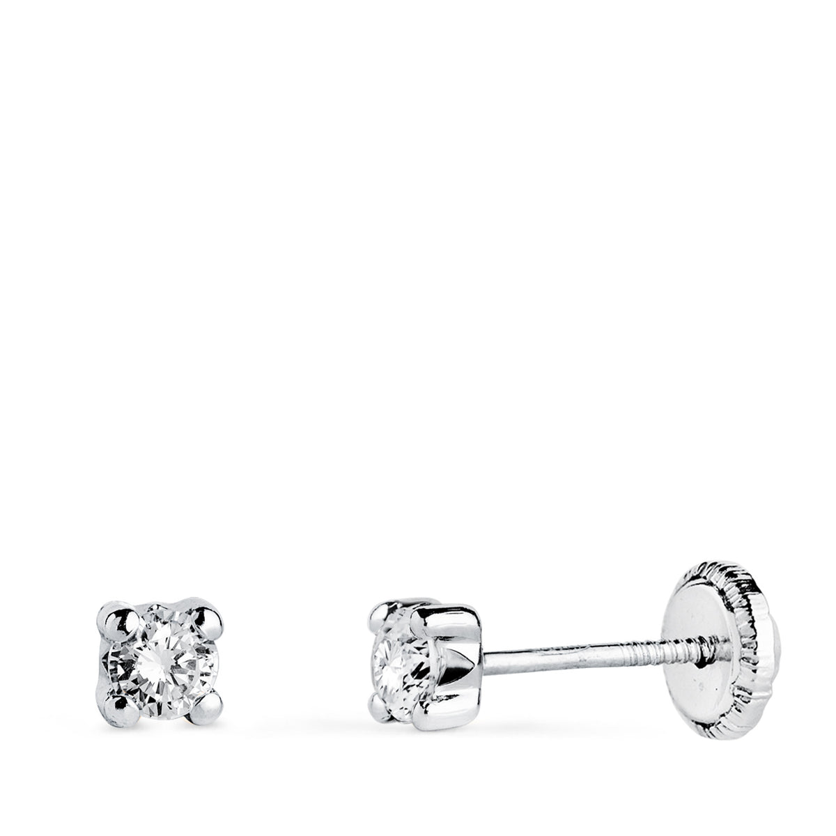 Pendientes Circonita 3 mm con 4 Garras. Ancho: 3,5 mm. Cierre Tuerca de oro blanco 18K