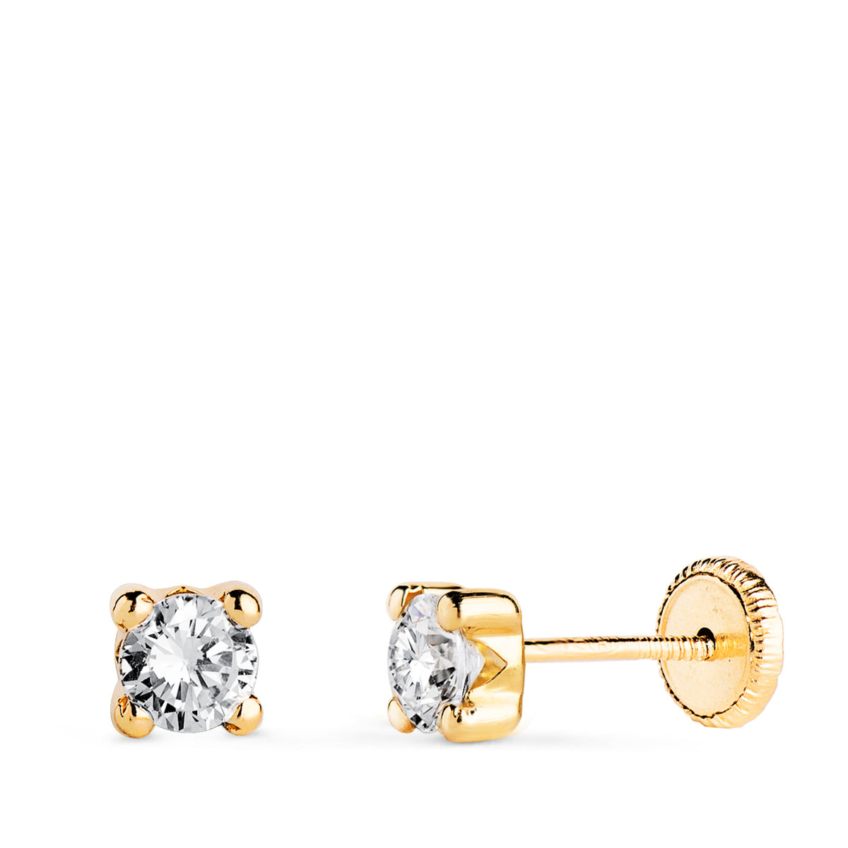 Pendientes Circonita 4 mm con 4 Garras. Ancho: 4,5 mm. Cierre Tuerca de oro amarillo 18K