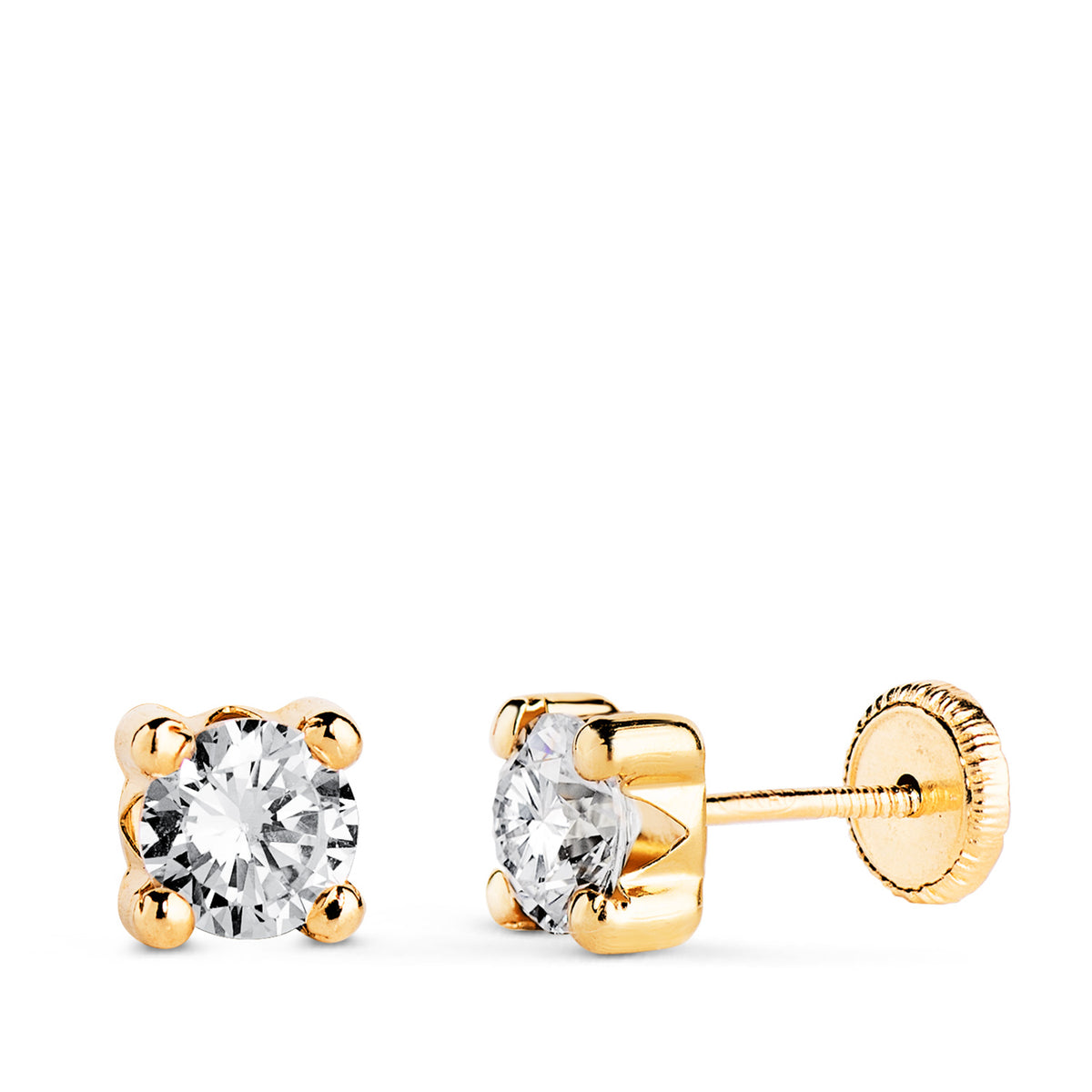 Pendientes Circonita 5 mm con 4 Garras. Ancho: 5,5 mm. Cierre Tuerca de oro amarillo 18K