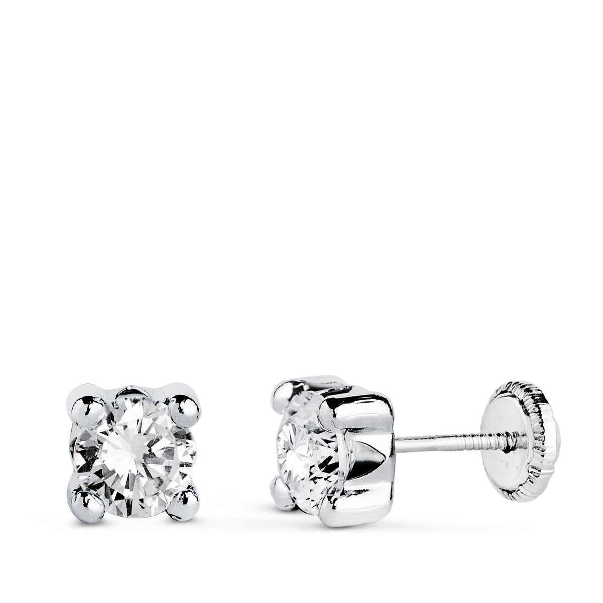 Pendientes Circonita 5 mm con 4 Garras. Ancho: 5,5 mm. Cierre Tuerca de oro blanco 18K