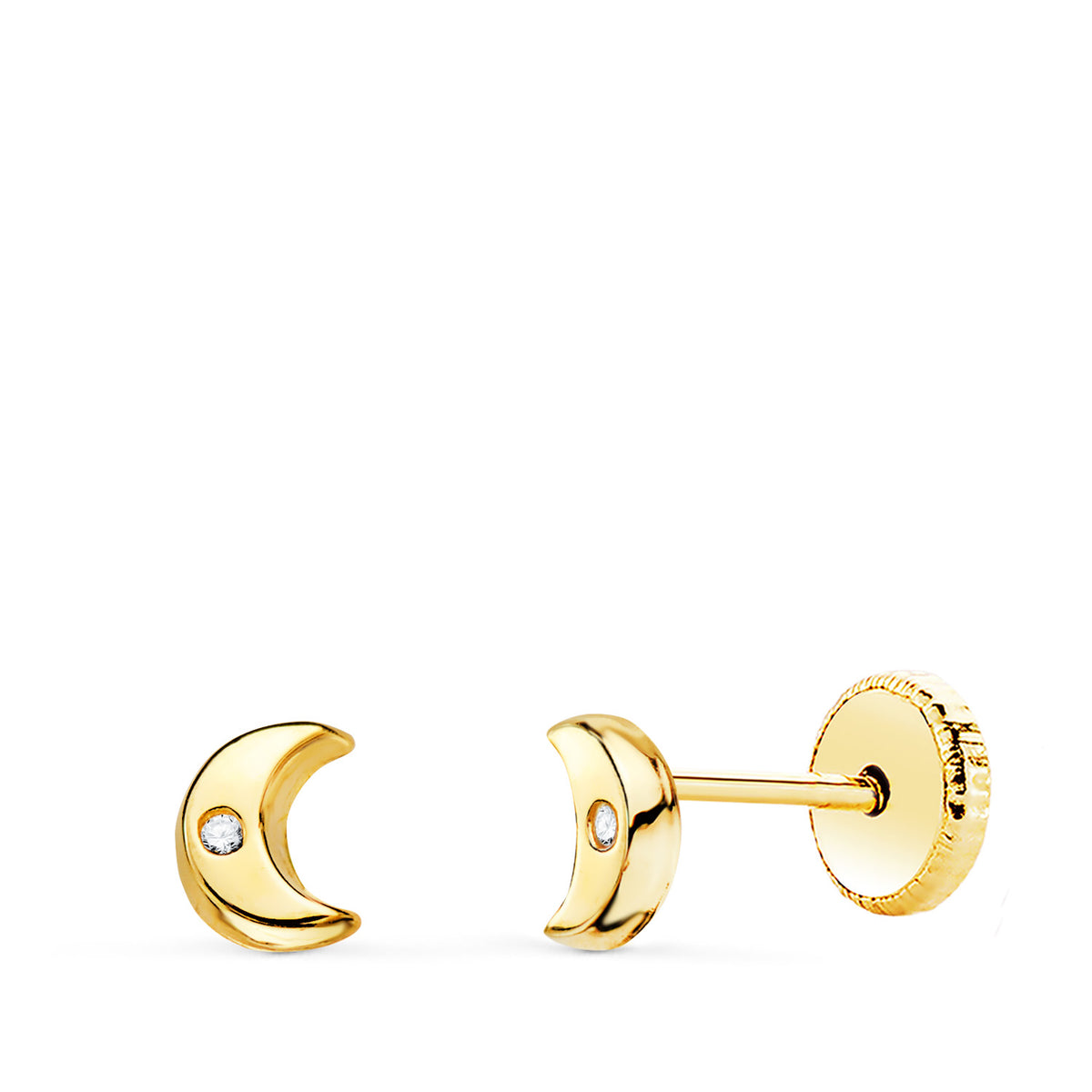 Pendientes Media Luna con Circonita Brillo 5 x 4 mm. Cierre Tuerca de oro amarillo 18K