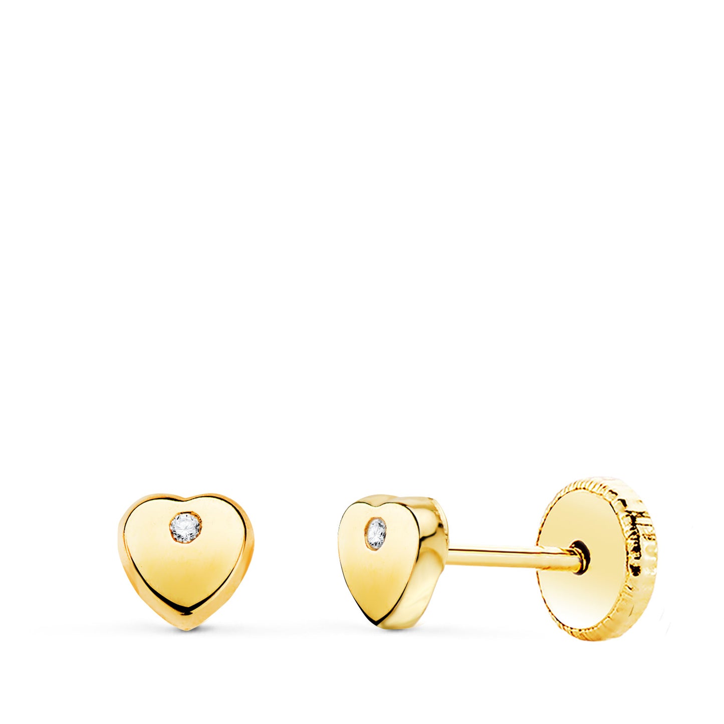 18K PENDIENTES ORO AMARILLO CORAZON CON CIRCONITA BRILLO 4X4 MM. CIERRE TUERCA