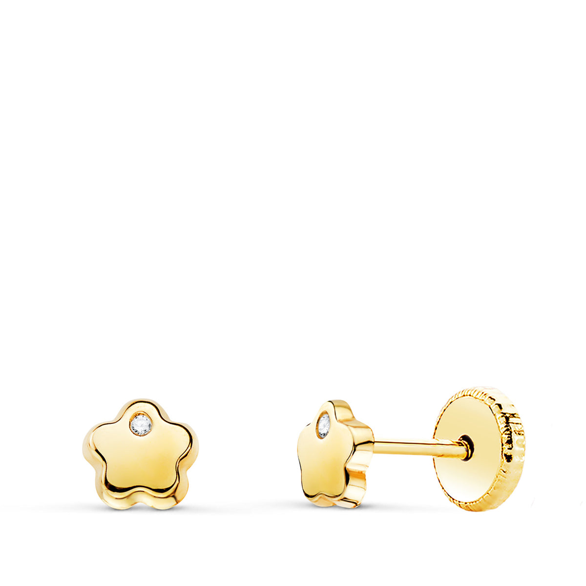 Pendientes Flor con Circonita Brillo 5 x 5 mm. Cierre Tuerca de oro amarillo 18K