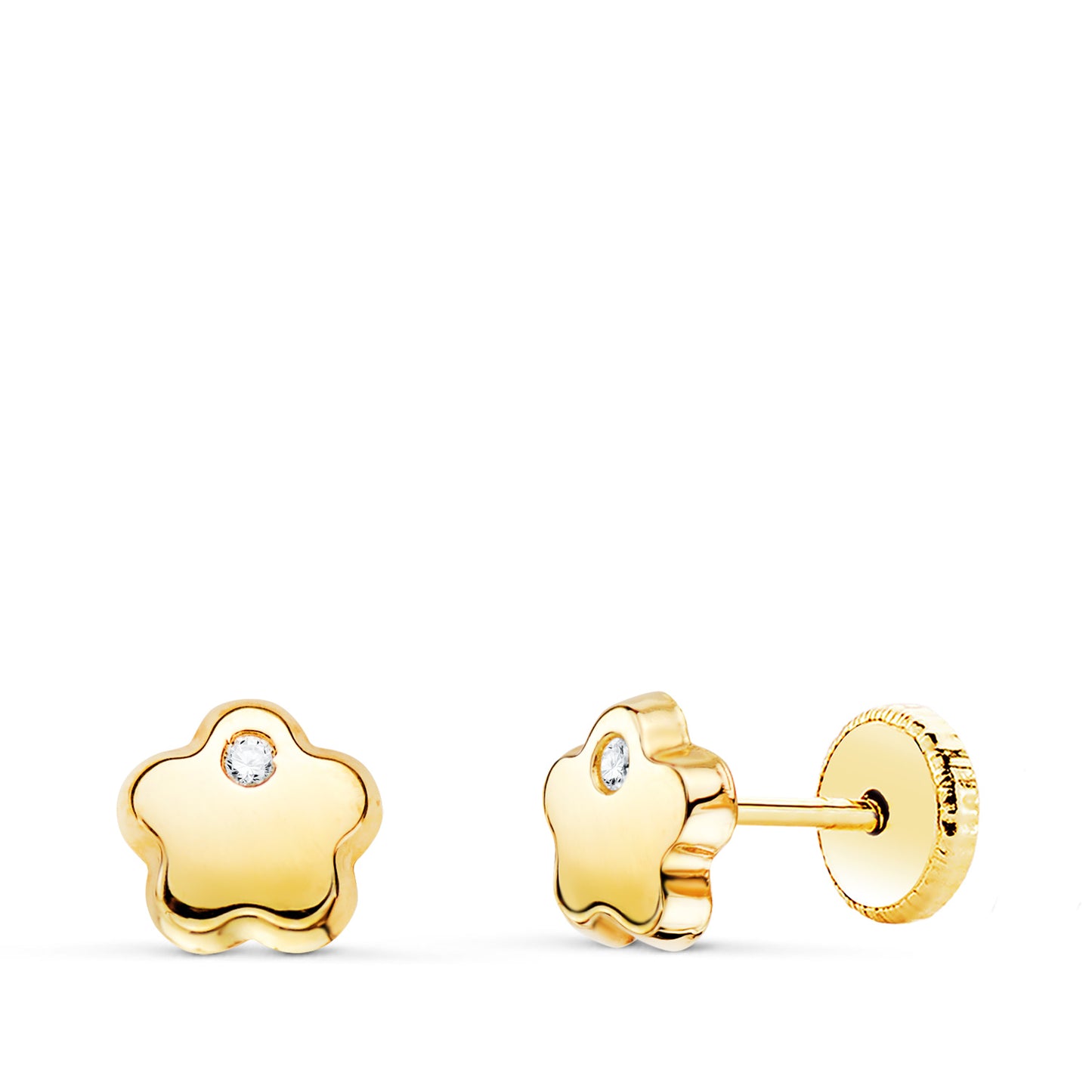 18K PENDIENTES ORO AMARILLO FLOR CON CIRCONITA BRILLO 6X6 MM. CIERRE TUERCA