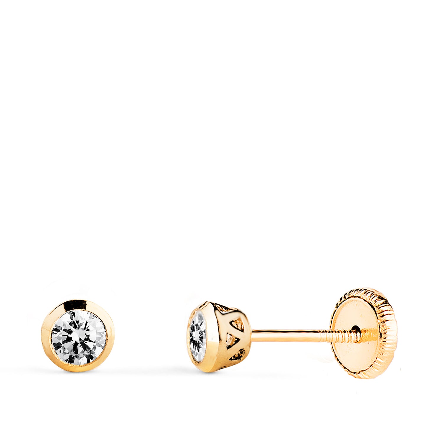 18K PENDIENTES ORO AMARILLO CHATON CON CIRCONITA CANASTILLA CALADA. ANCHO: 4MM. CIERRE TUERCA