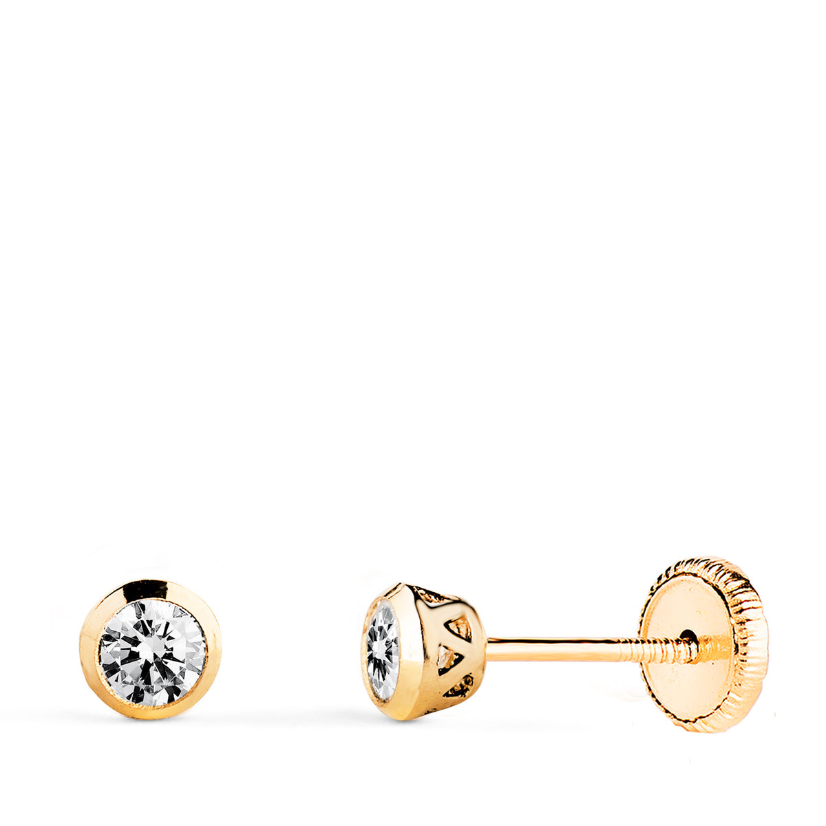 Pendientes Chaton con Circonita Canastilla Calada. Ancho: 4 mm. Cierre Tuerca de oro amarillo 18K