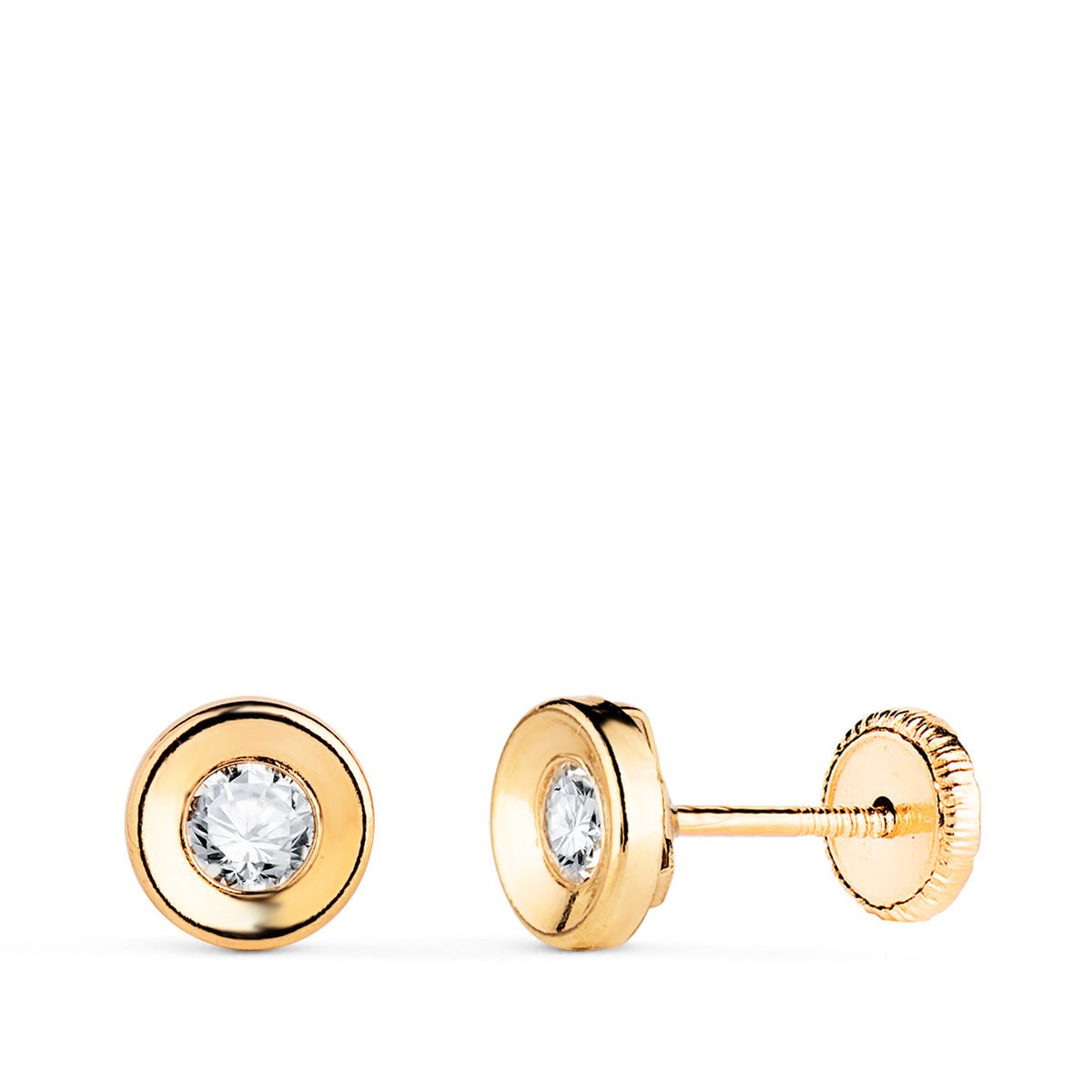 Pendientes Chaton Redondo Concavo con Circonita. Ancho: 5,5 mm. Cierre Tuerca de oro amarillo 18K