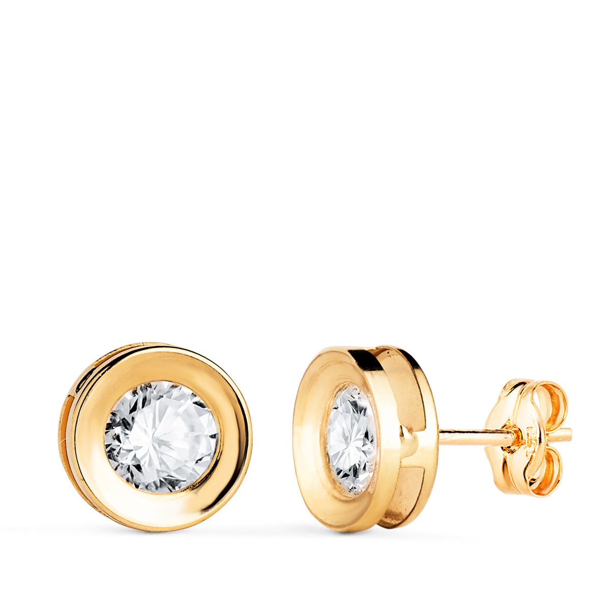 Pendientes Chaton Redondo Concavo con Circonita. Ancho: 8 mm. de oro amarillo 18K