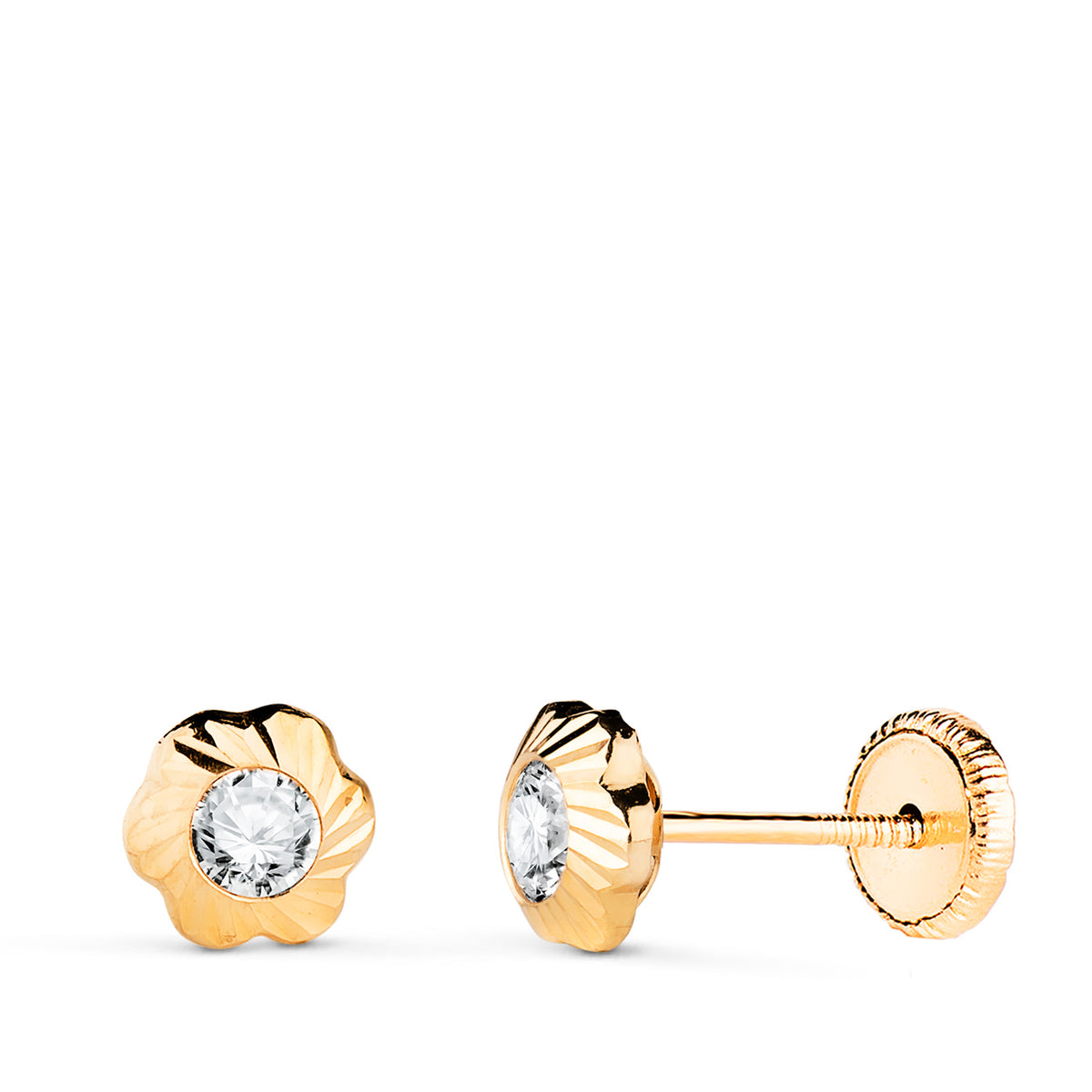 Pendientes Chaton Flor Orla Tallada Circonita. Medida: 5,5 mm Cierre Tuerca de oro amarillo 18K