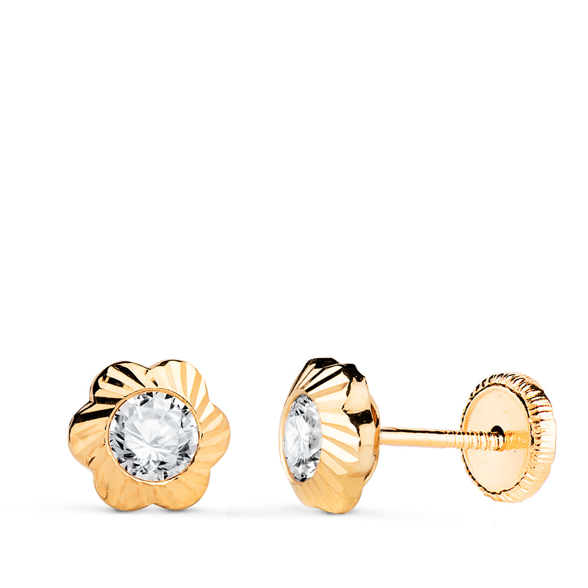 Pendientes Chaton Flor Orla Tallada Circonita. Medida: 7 mm Cierre Tuerca de oro amarillo 18K