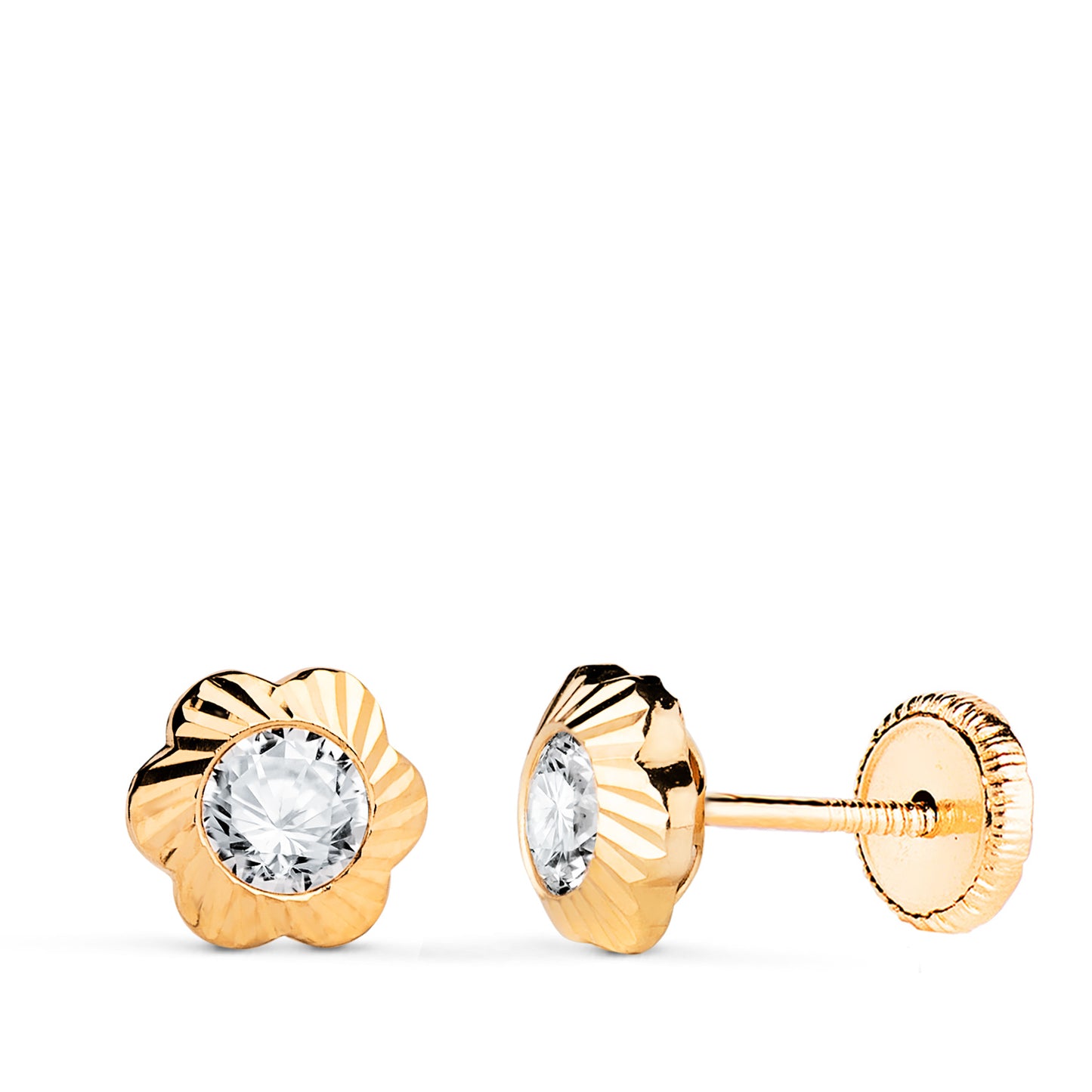 18K PENDIENTES ORO AMARILLO CHATON FLOR ORLA TALLADA CIRCONITA. MEDIDA: 7MM CIERRE TUERCA