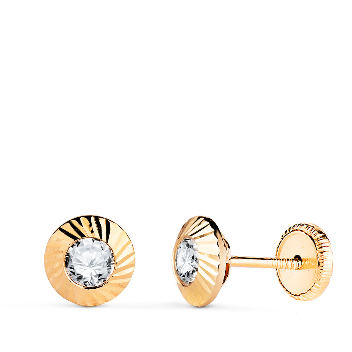 Pendientes Chaton Redondos Orla Tallada Circonita. Medida: 7 mm Cierr Tuerca de oro amarillo 18K