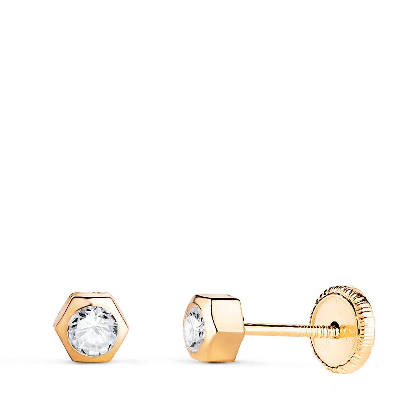 18K PENDIENTES ORO AMARILLO CHATON HEXAGONO CON CIRCONITA. MEDIDA: 3,5 X 3 MM. CIERRE TUERCA