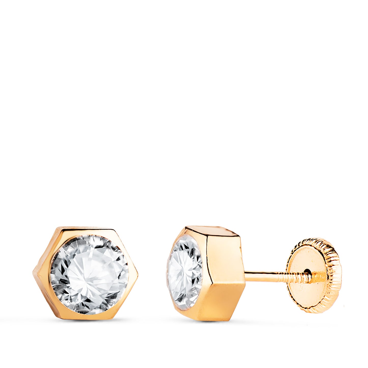 18K PENDIENTES ORO AMARILLO CHATON HEXAGONO CON CIRCONITA. MEDIDA: 7 X 6,5 MM. CIERRE TUERCA