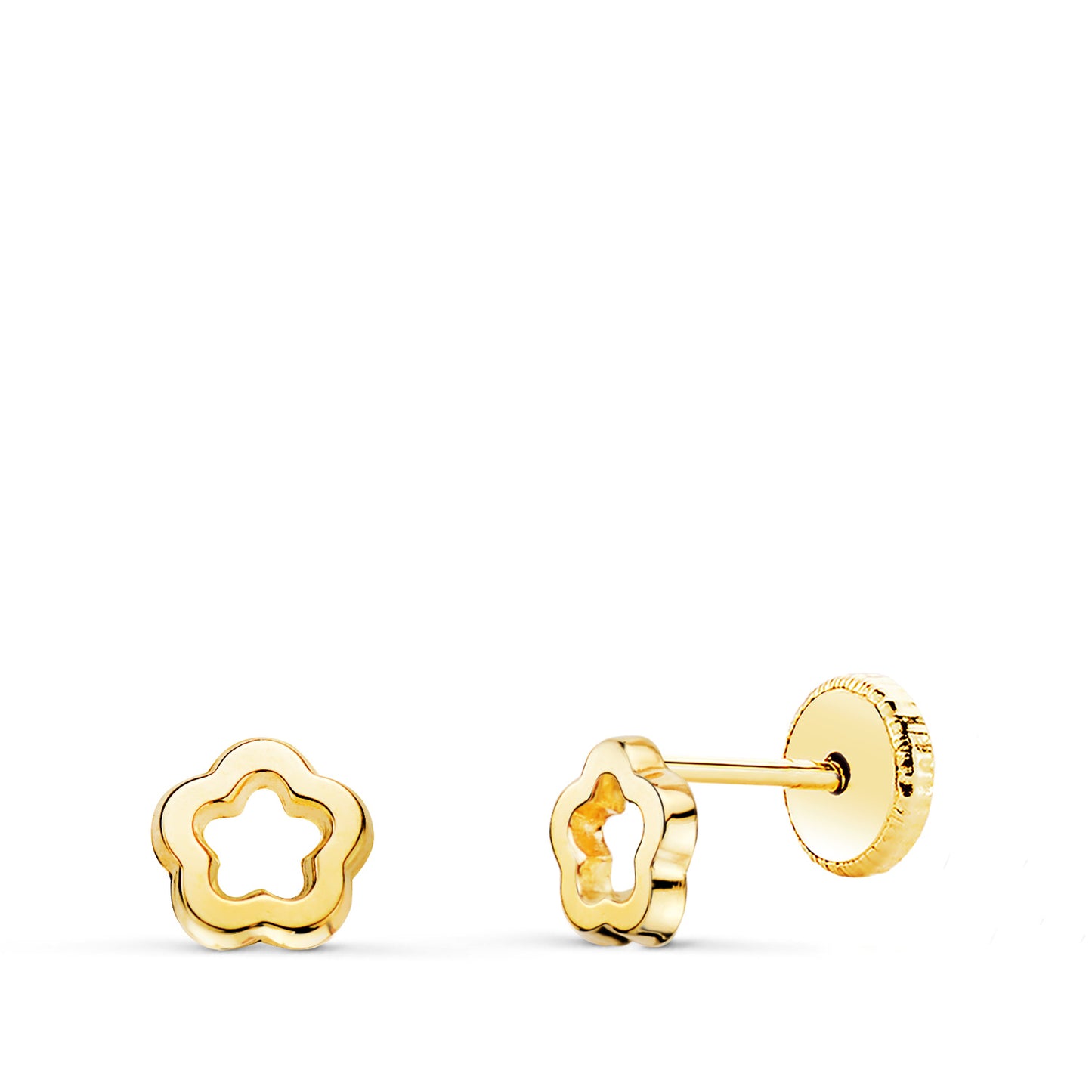 18K PENDIENTES ORO AMARILLO FLOR BRILLO CALADA 5 X 5 MM. CIERRE TUERCA