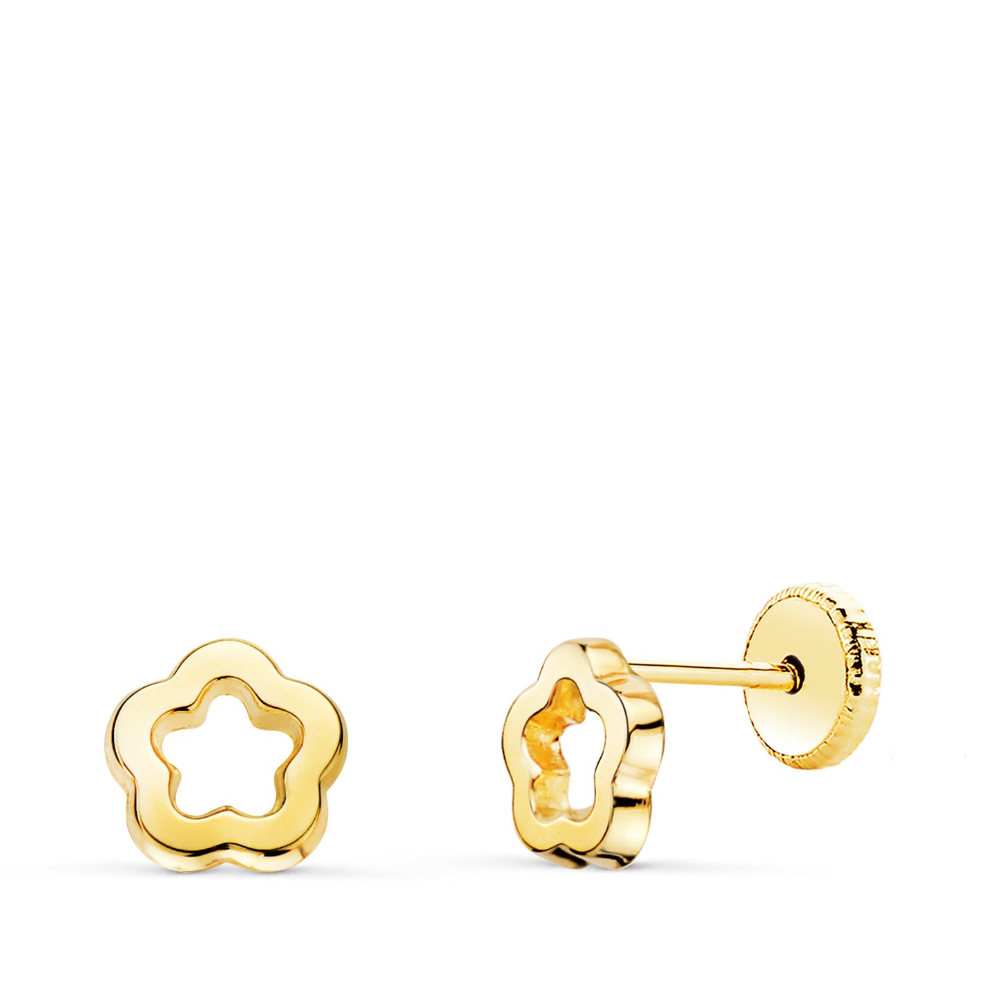 18K PENDIENTES ORO AMARILLO FLOR BRILLO CALADA 6 X 6 MM. CIERRE TUERCA