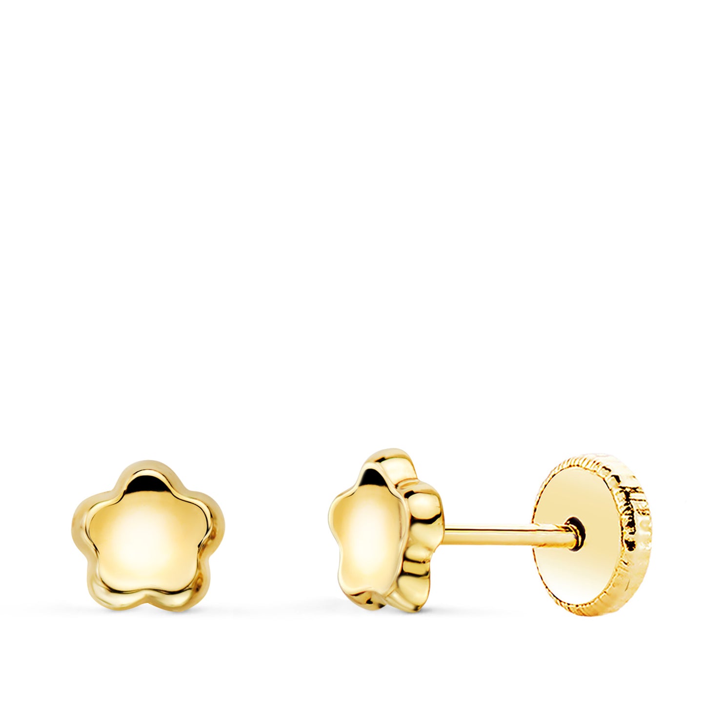18K PENDIENTES ORO AMARILLO FLOR CONCAVO EN BRILLO 5X5 MM. CIERRE TUERCA