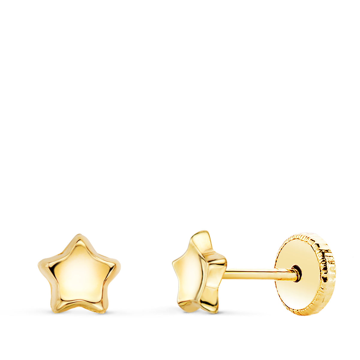 Pendientes Estrella Concavo en Brillo 5 x 5 mm. Cierre Tuerca de oro amarillo 18K