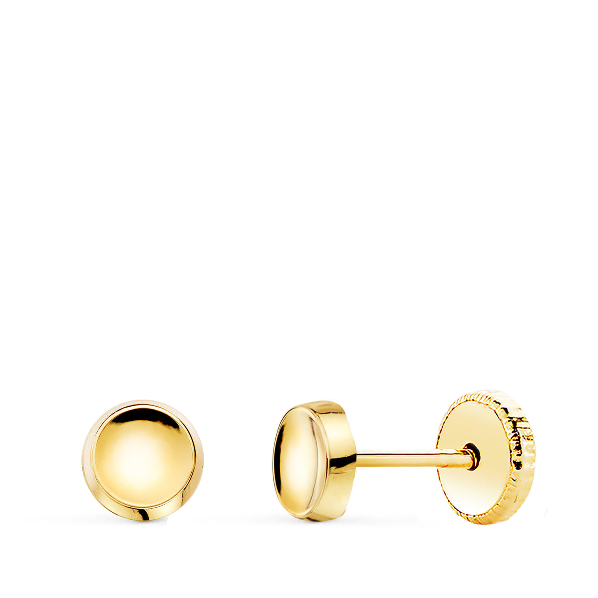 Pendientes Redondo Concavo en Brillo 5 mm. Cierre Tuerca de oro amarillo 18K