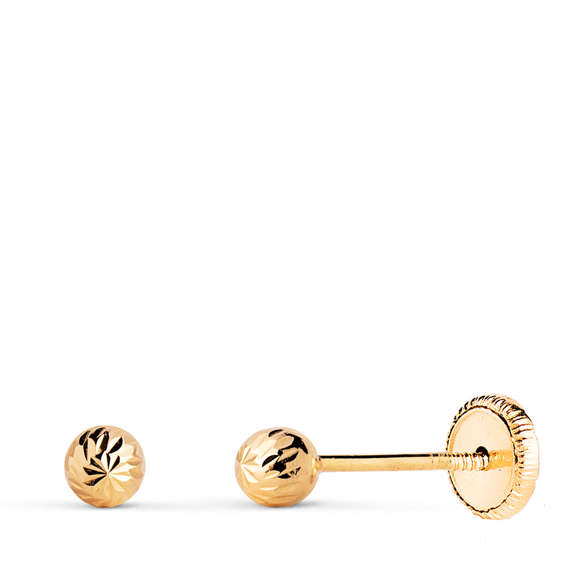 Pendientes Bola Tallada Hueca. Ancho: 3 mm. Cierre Tuerca de oro amarillo 18K