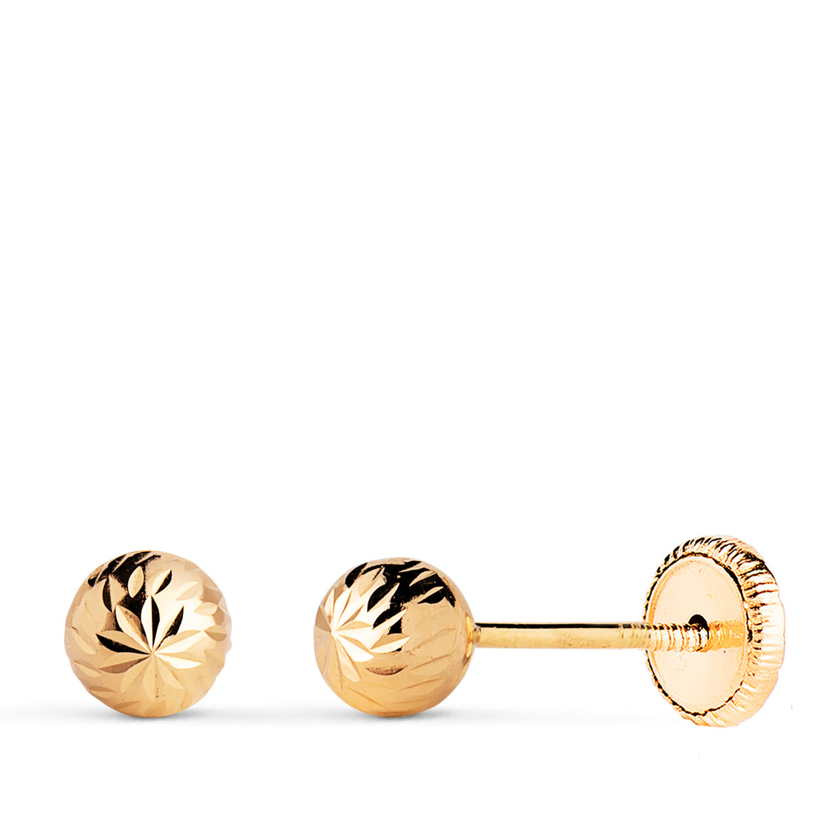 Pendientes Bola Tallada Hueca. Ancho: 5 mm. Cierre Tuerca de oro amarillo 18K